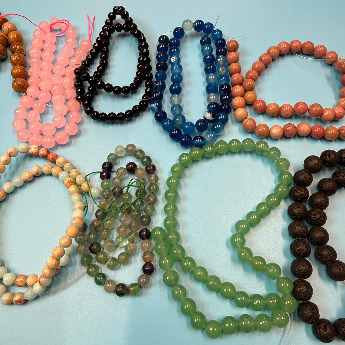 Set of 10 Natural Gemstone Round Beads Strands 15" Sizes 6,8,10 mm 14oz №B9