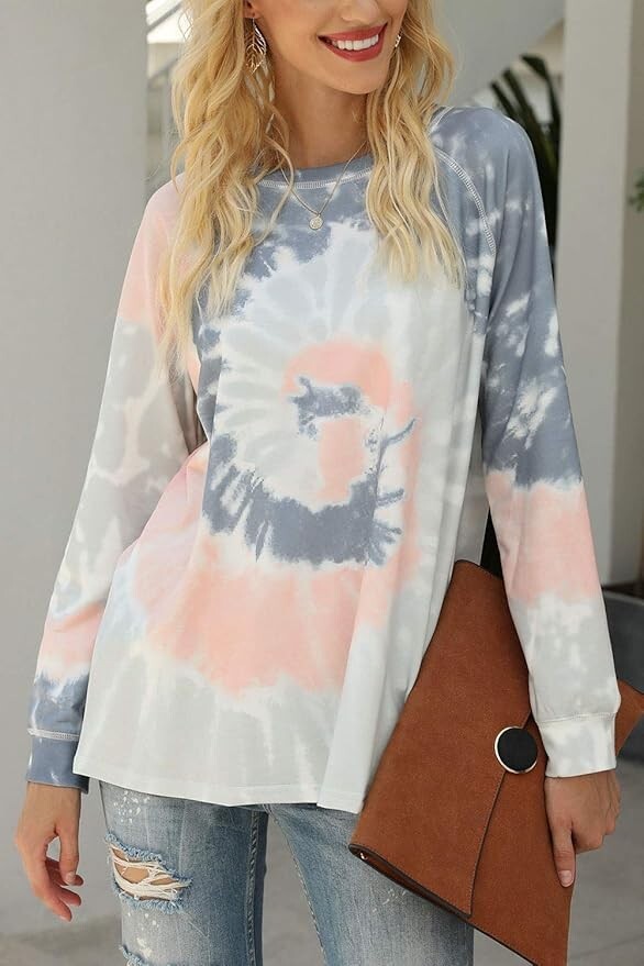 ASHER FASHION Women's 16W Tie Dye Print Sweatshirt Casual Long Sleeve Crew Neck