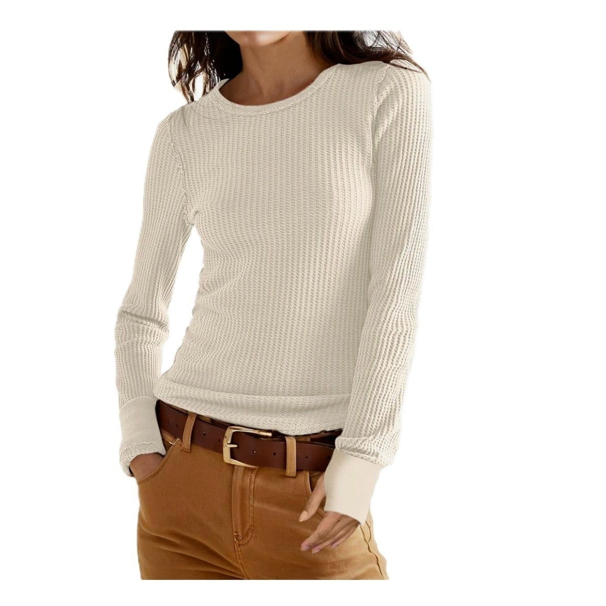 GRECERELLE Women's XL Waffle Knit Long Sleeve Shirt Crew Neck Slim Fitted Top