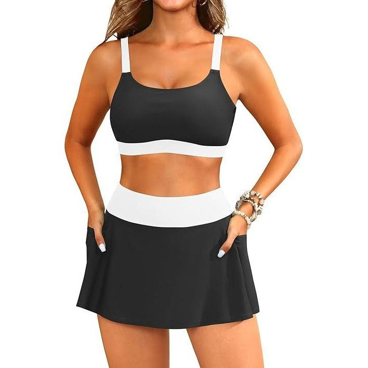 MSRP $31 Tempt Me Women's Black/White S High Waisted Bikini with Skirt Two Piec