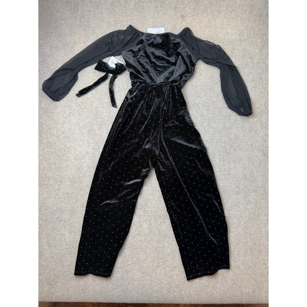 MSRP $74 Speechless Girls' 8 Black Velvet Pearl-Embellished Jumpsuit Long She