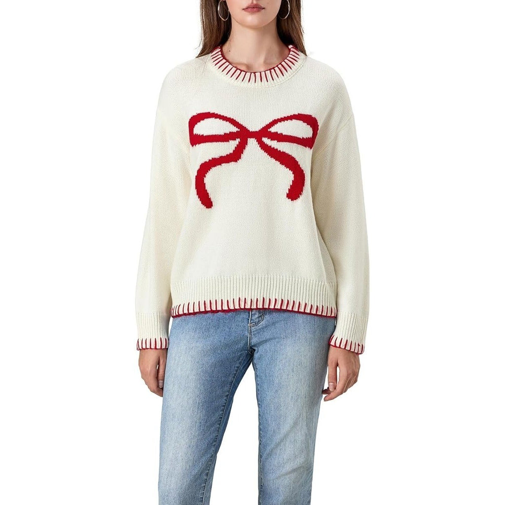 MSRP $41 Fabumily Women's L White Bow Sweater Y2k Crewneck Long Sleeve Knitted