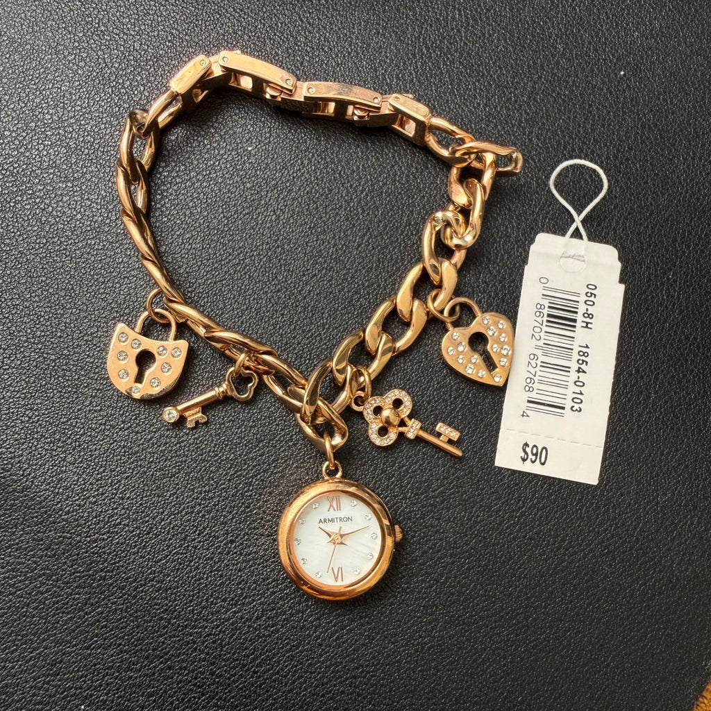 MSRP $90 Armitron Women's 75/5620RG Rose Gold Key & Lock Charm Watch New Batte