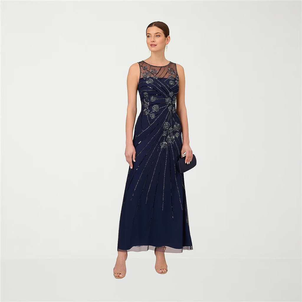 NWT Papell Boutique Womens US 10, 16 Light Navy Sleeveless Evening Gown Crew