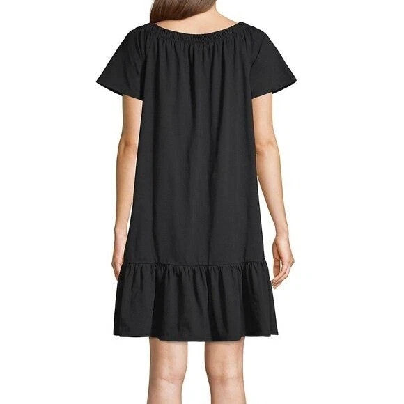 Lands' End Women's M-1X LONG Cotton Off Shoulder Ruffle Hem Swim Coverup Dress