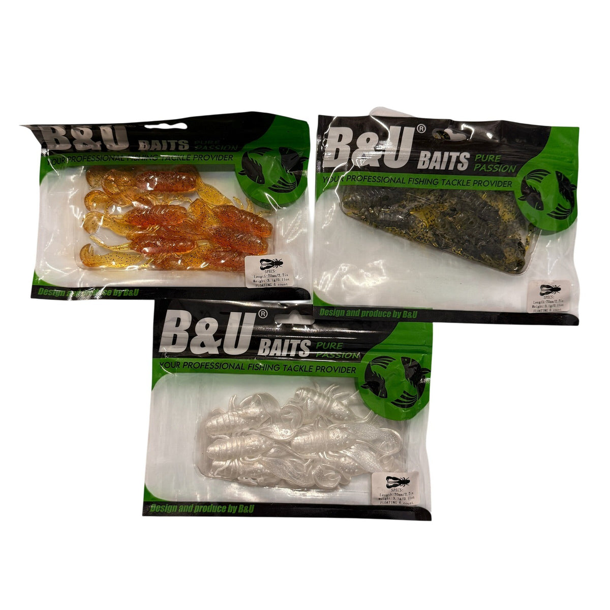 Set of 3 (6 pcs Each) B&U Baits 2.7" Filet Craw Soft Plastic Floating Fishing