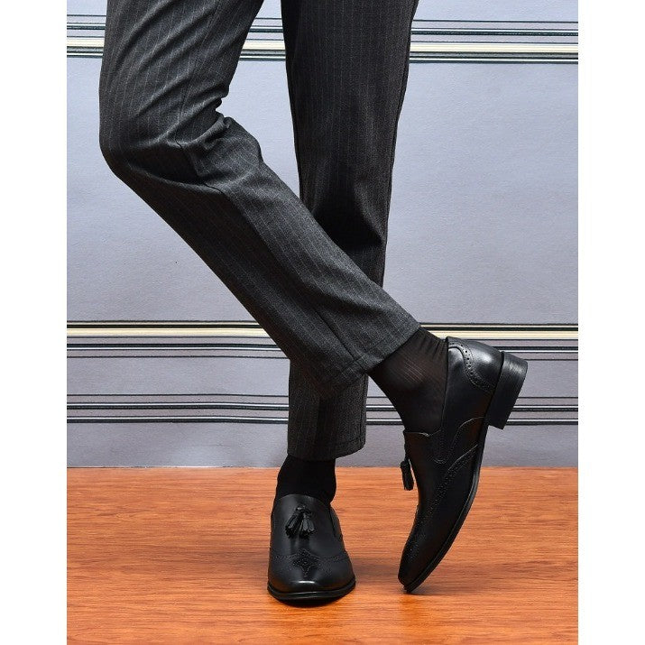 Santimon Men's US 8 Black Tassel Loafers Wingtip Brogue Slip on Shoes