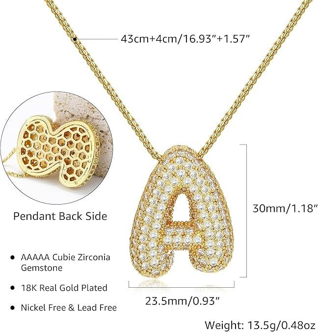 Gold Bubble Letter Women's Necklace G–W Initial Pendant, 18K Gold Plated Chunky