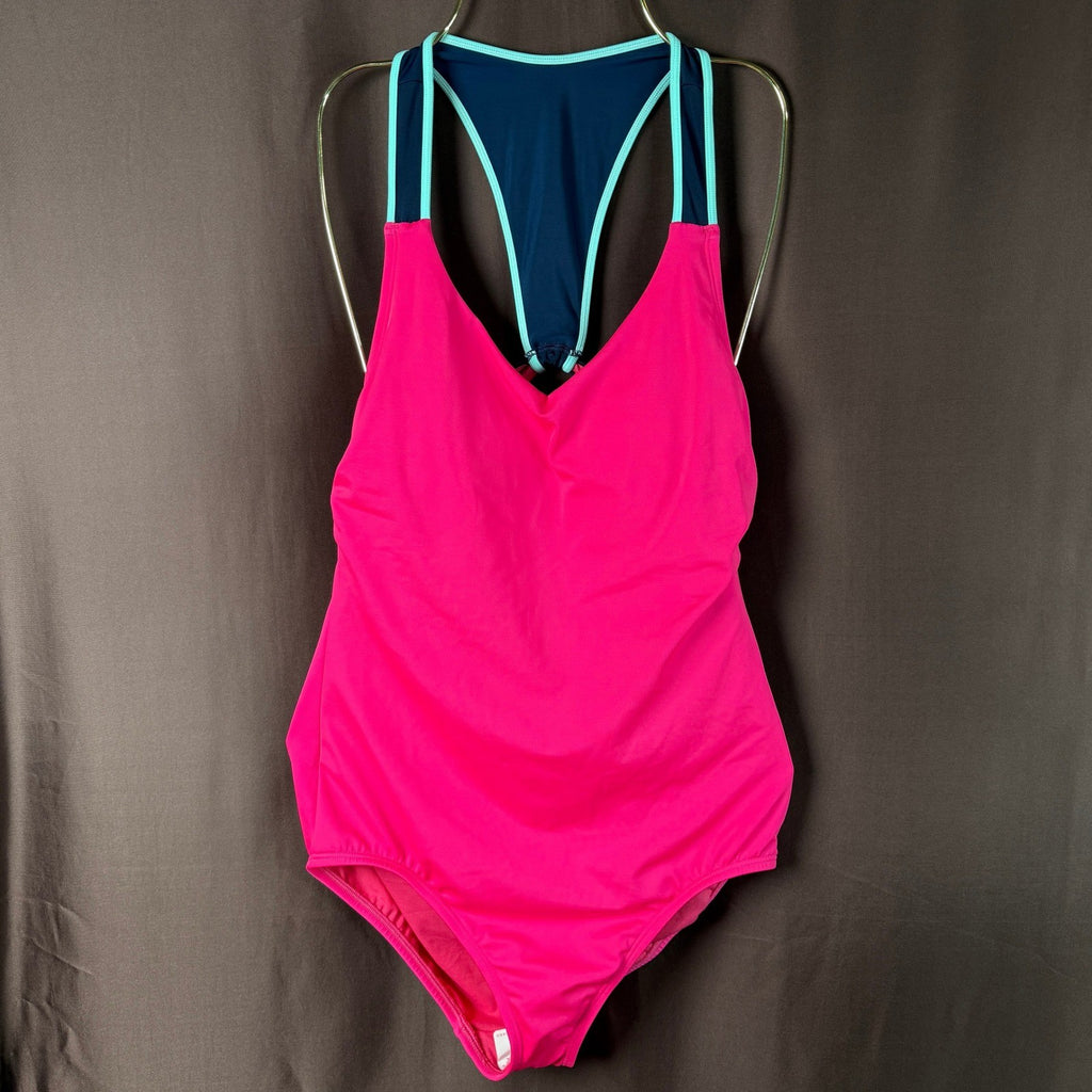 Lands' End Women's 10 Hot Pink/Navy V-Neck Racerback One Piece Swimsuit