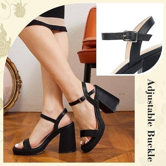 Putu Women's Size 7.5 Black Platform Heels Chunky Heeled Sandals Open Toe Dressy