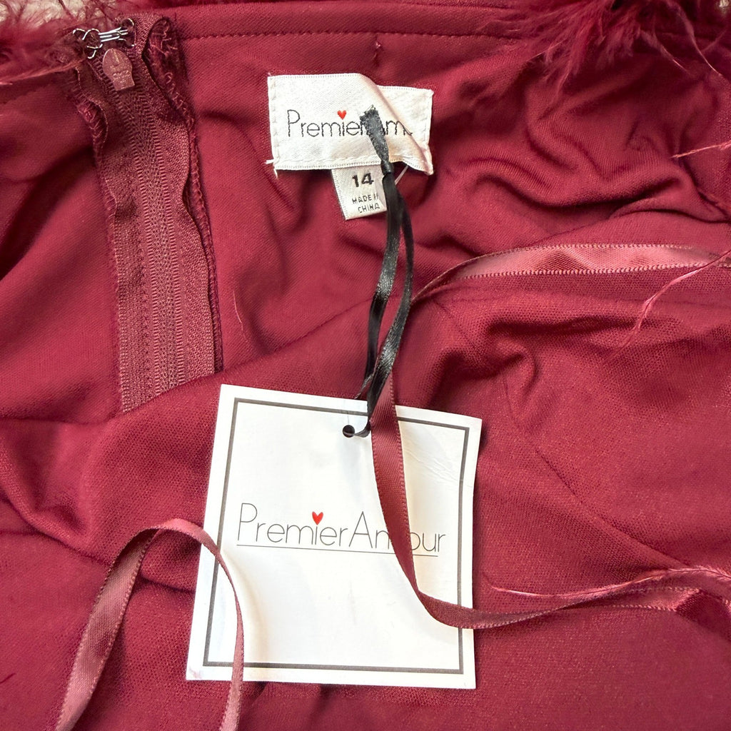 MSRP $120 Premier Amour Womens 14 Burgundy Strapless Jumpsuit Faux-Feather Trim