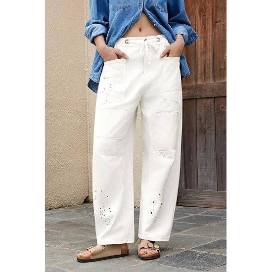 PLNOTME Womens 8 White Baggy Barrel Horseshoe Jeans Wide Leg Patchwork