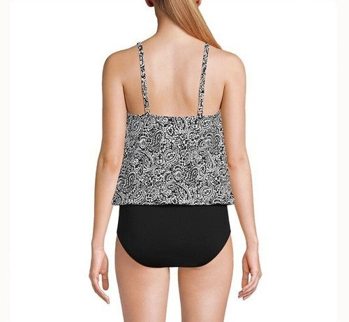 Lands End Women's XS, XS-S LONG Blouson One Piece Fauxkini Swimsuit Black Paisle