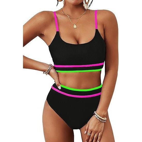 MSRP $43 BMJL Women's Black S High Waisted Bikini Ribbed Two Piece Swimsuit Hi