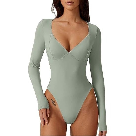 MSRP $30 QINSEN Women's XL Smoke Green Long Sleeve V Neck Body Suits Seamed Cup