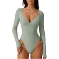 MSRP $30 QINSEN Women's XL Smoke Green Long Sleeve V Neck Body Suits Seamed Cup