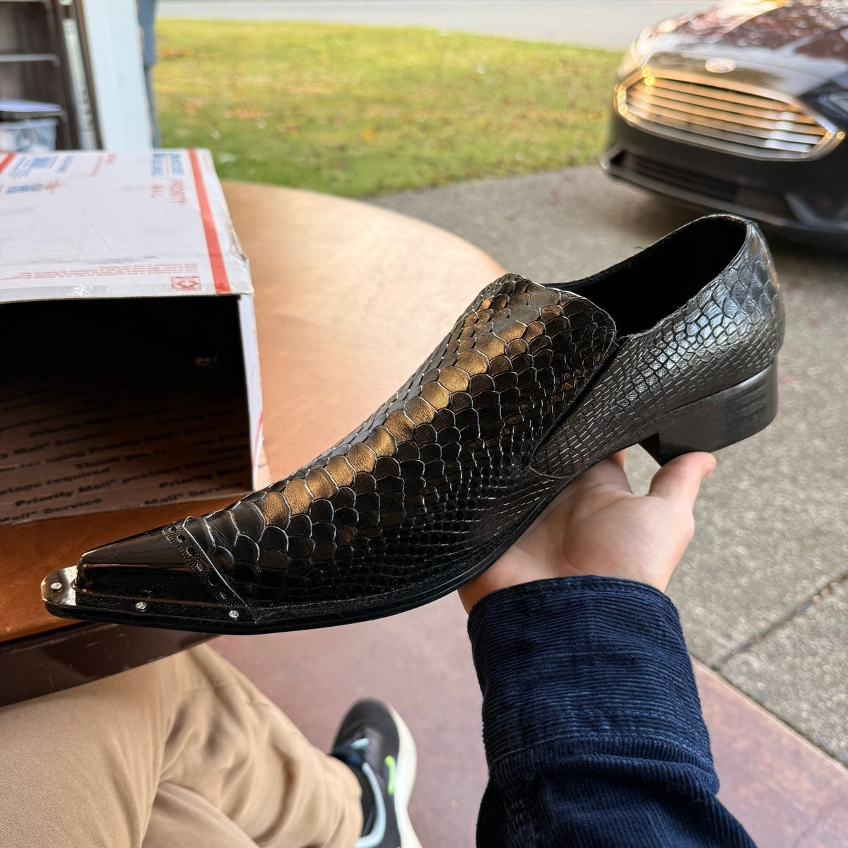Santimon Men's US 12.5 Black Leather Metal Tip Pointed Toe Slip On Loafers Shoes