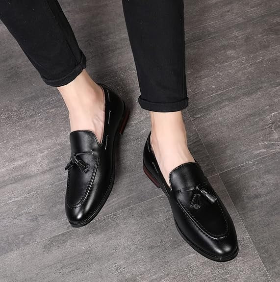 Santimon Men's US 12.5 Black Tassel Flats Loafers Slip On Dress Shoes