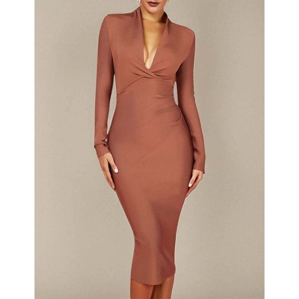 UONBOX Womens M Dress Deep Plunge V Neck Long Sleeves (Real color pic 2) Draped
