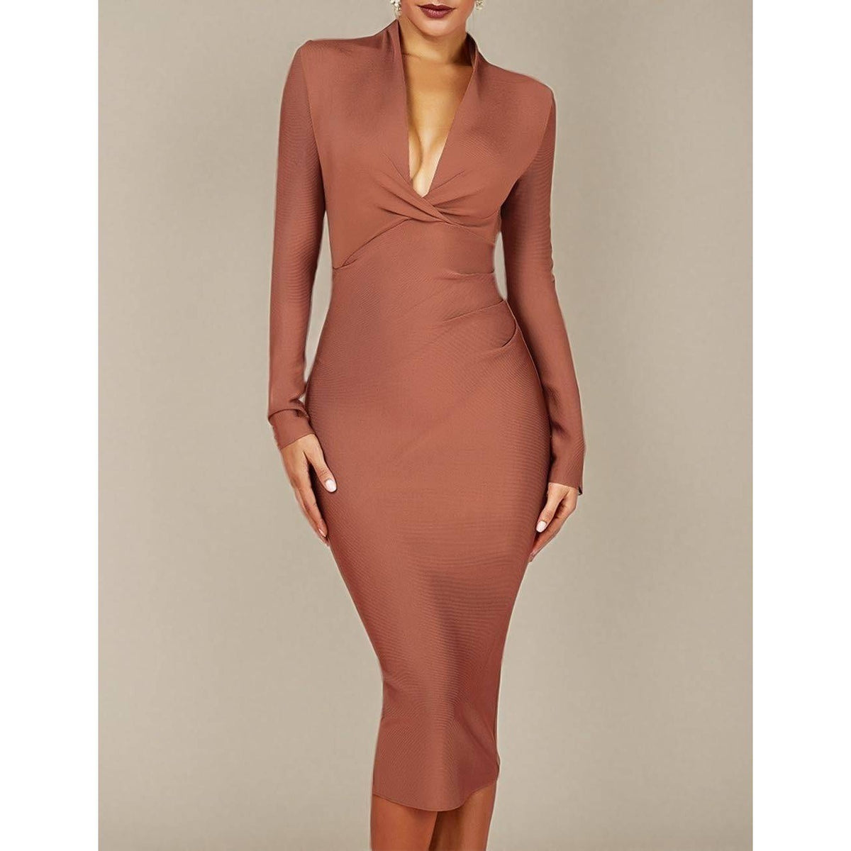 UONBOX Womens M Dress Deep Plunge V Neck Long Sleeves (Real color pic 2) Draped
