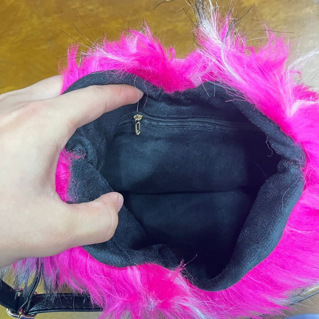 Womens Rose Pink Plush Heart Shaped Crossbody Fur Fluffy Shoulder Bag Purse