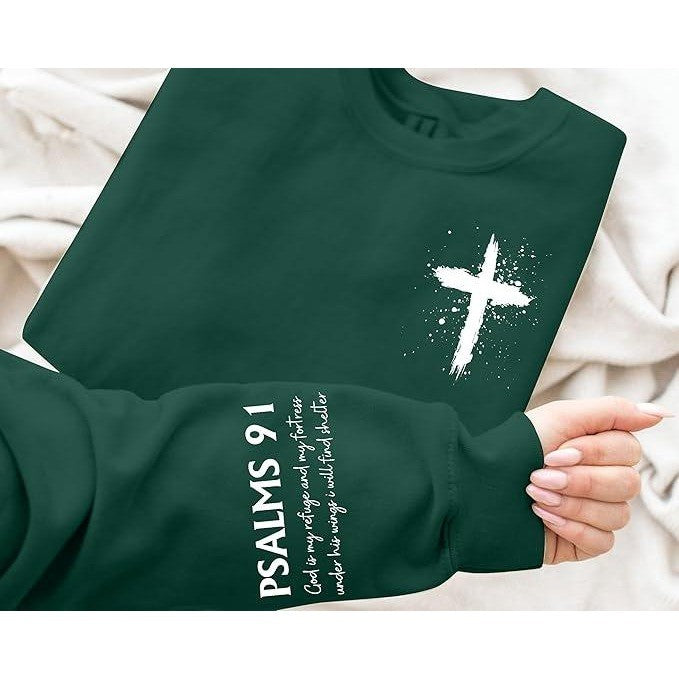 MSRP $30 MOUSYA Women's M Green Christian Sweatshirt Psalms 91 Print Long Slee