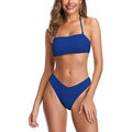 SHEKINI Women's L Blue Ribbed Halter Two-Piece Bikini Set, Lace-Up Bandeau Top