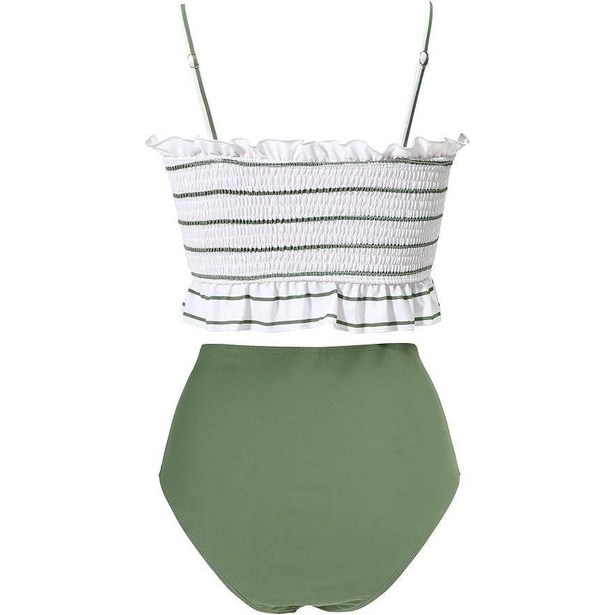 MSRP $44 RXRXCOCO Women's S Green Stripe Shirred Bandeau Bikini Cute Swimsuit