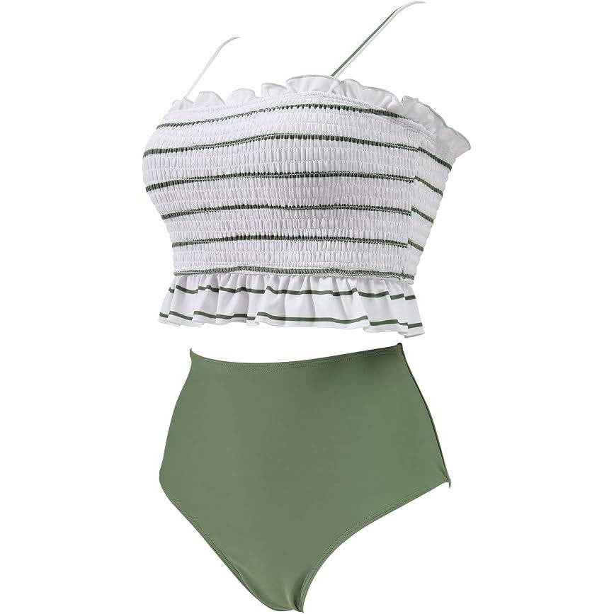 MSRP $44 RXRXCOCO Women's S Green Stripe Shirred Bandeau Bikini Cute Swimsuit