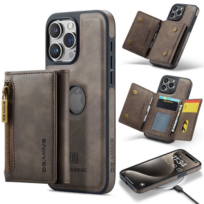 DG.MING M5 For iPhone 15 Pro Max Magnetic Detachable Zipper Wallet Case RFID Blo