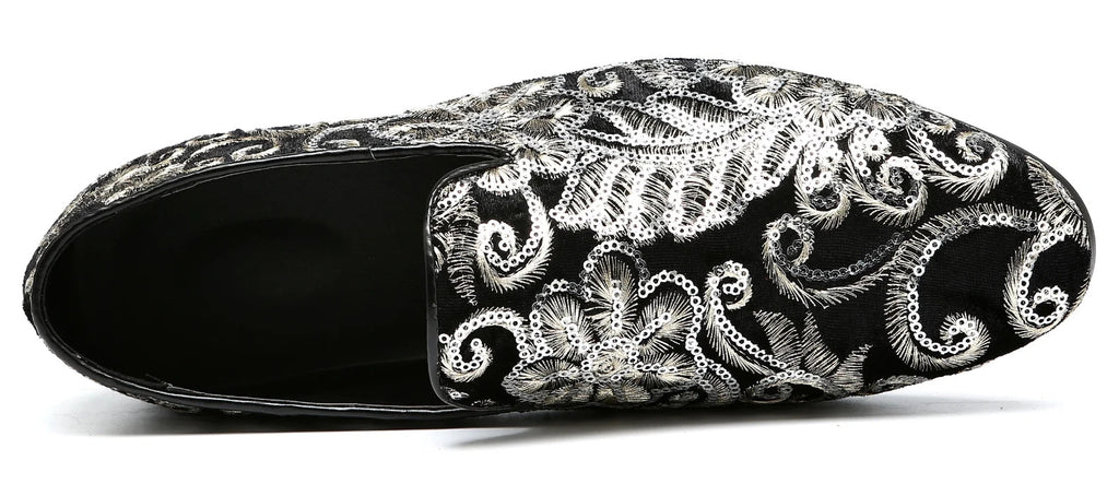 Santimon Men's US 9.5, 12 Black Velvet Gold Stitching Sequins Loafers Shoes