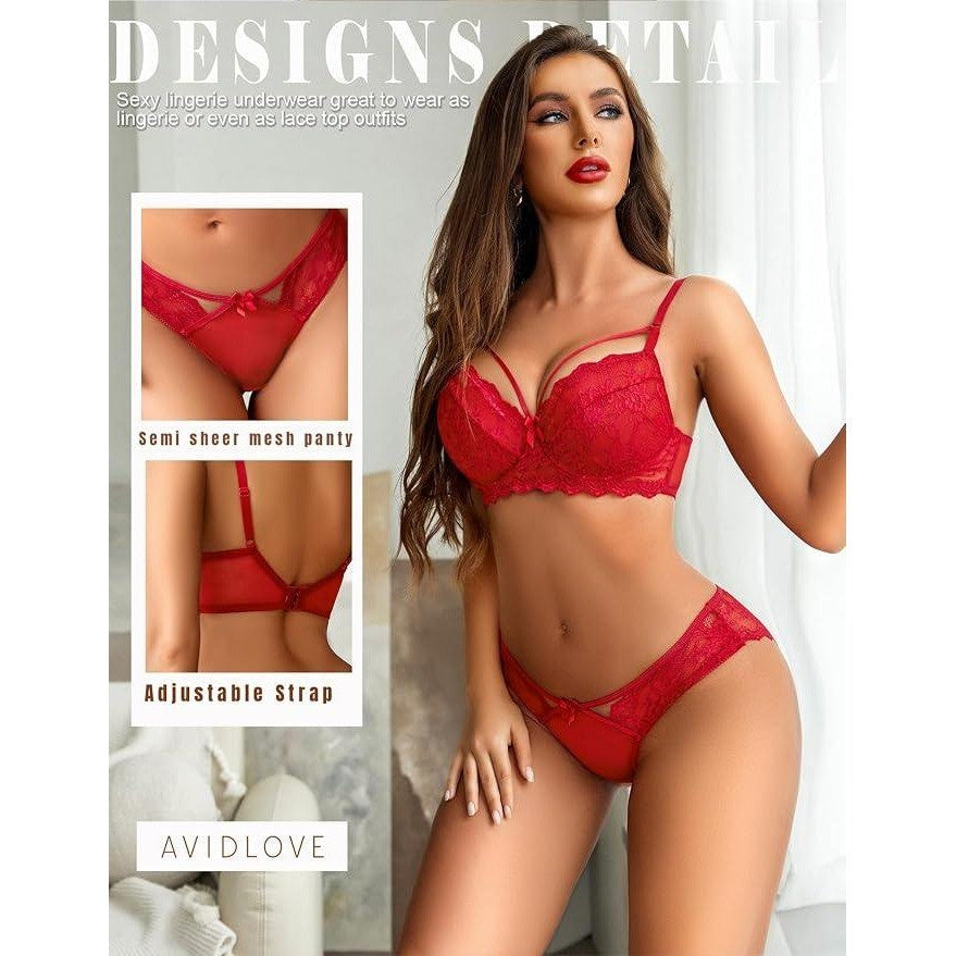 MSRP $22 Avidlove Women's L Red Strappy Lingerie Set Sexy 2 Pc Bra and Panty