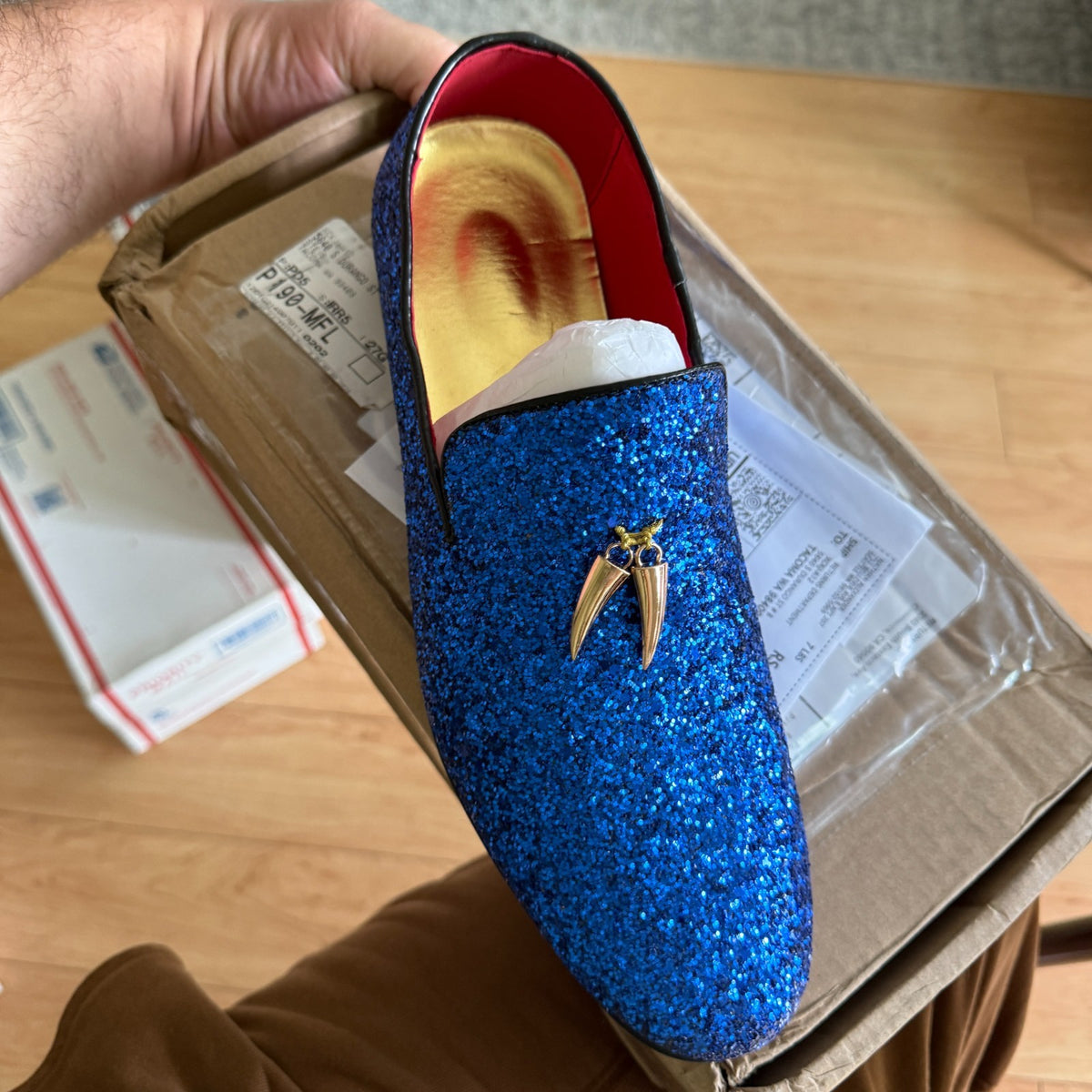 Santimon Men's US 9.5 Blue Glitter Sequin Slip On Loafers Tuxedo Suit Shoes