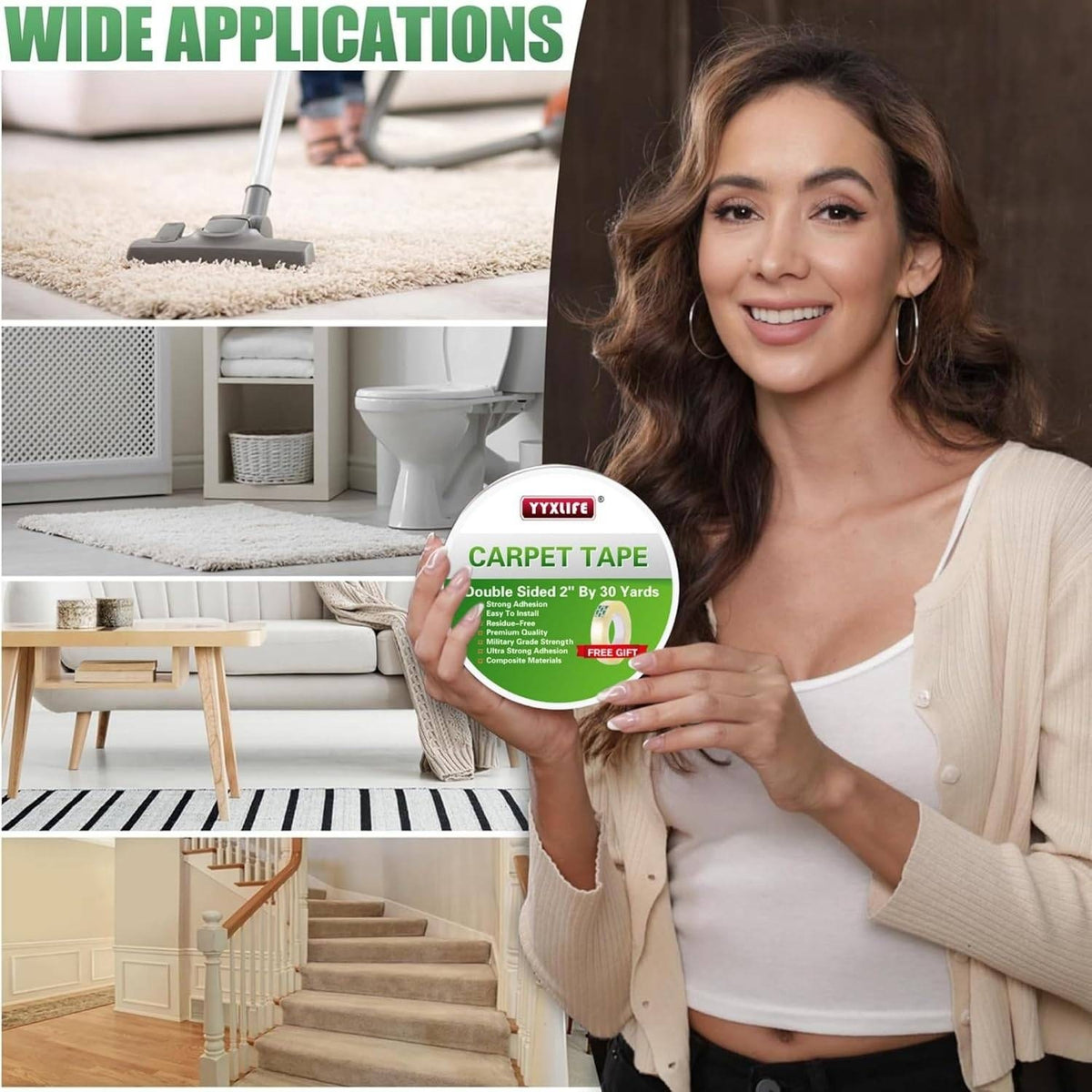 YYXLife Double Sided Rug Tape, Heavy Duty for Rugs & Floors, 2" x 30YD Carpet