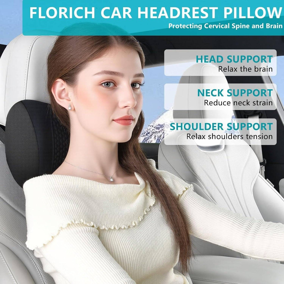 Florich Car Headrest Pillow Gel Memory Foam Head, Neck Support Black MINOR SNAG
