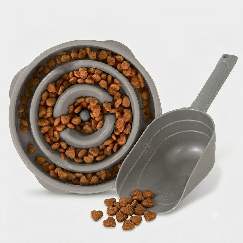 Set of 2 Outward Hound Feeder Slo Bowl Medium Grey 2-Cup & Petmate Food Scoop