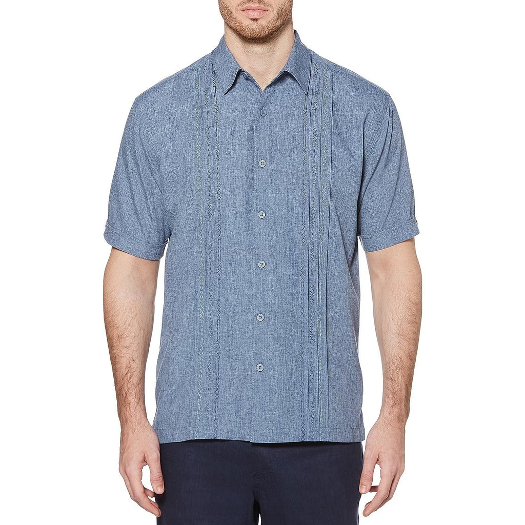 MSRP $60 Cubavera Chambray Mens L Dress Blues Pintuck Button Down Shirt Short