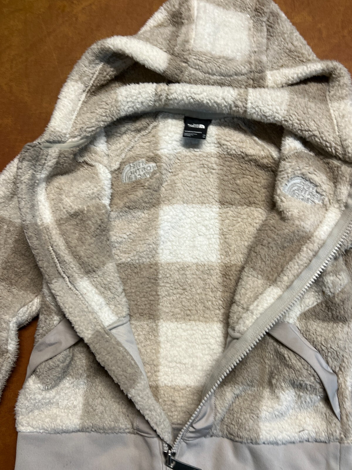 The North Face Women's XS Tan Plaid Full Zipper Hooded Sherpa Fleece Jacket #241