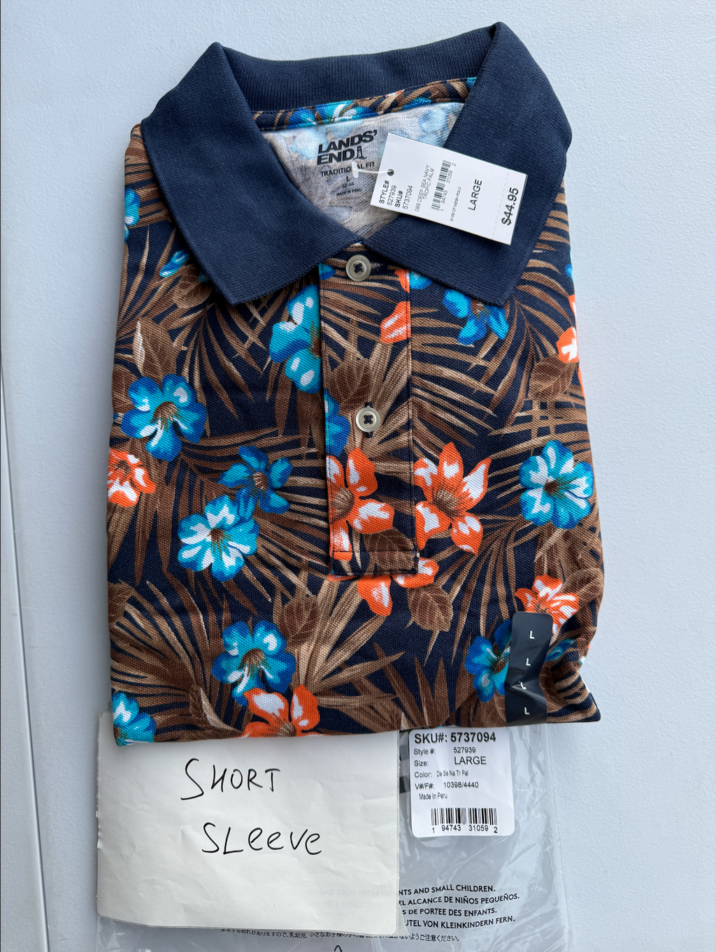 Lands' End M-XL Short Sleeve Hawaiian Men's Polo Shirt Deep Sea Navy Floral Trop