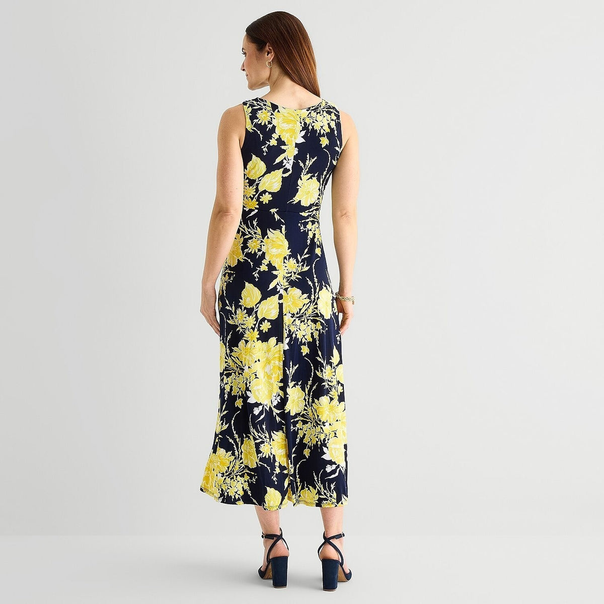 MSRP $89 Studio One Womens M Navy Yellow Keyhole Neck Maxi Dress Sleeveless