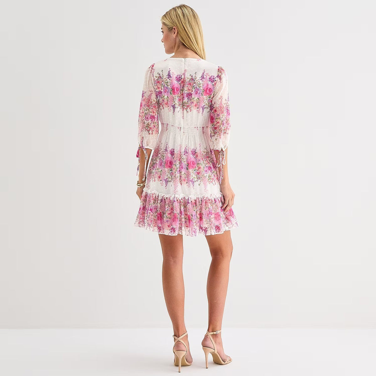 MSRP $89 Melonie T Womens 14 Soft White Wsteria Floral Dress V Neck 3/4 Sleeve