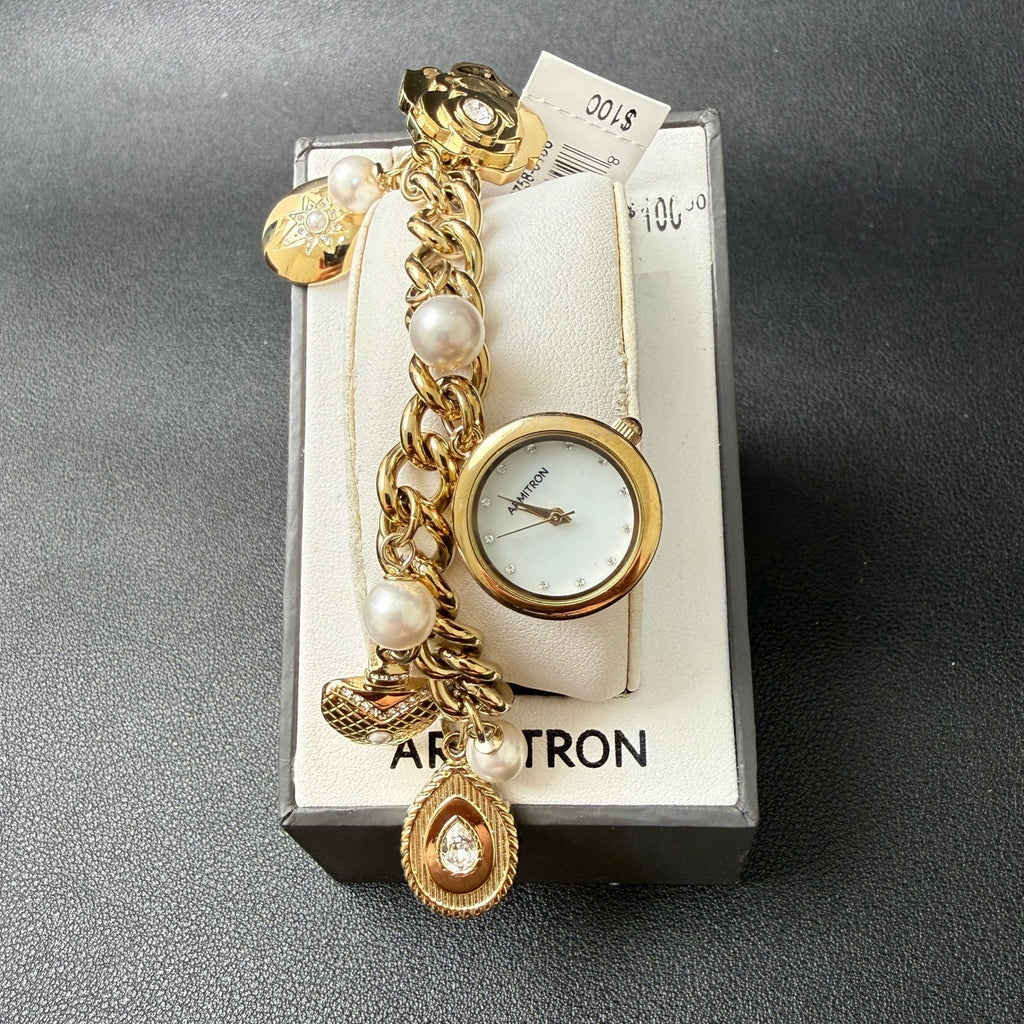 MSRP $100 Armitron 75/5684GP Women's Gold Tone Charm Dangle Bracelet Watch New