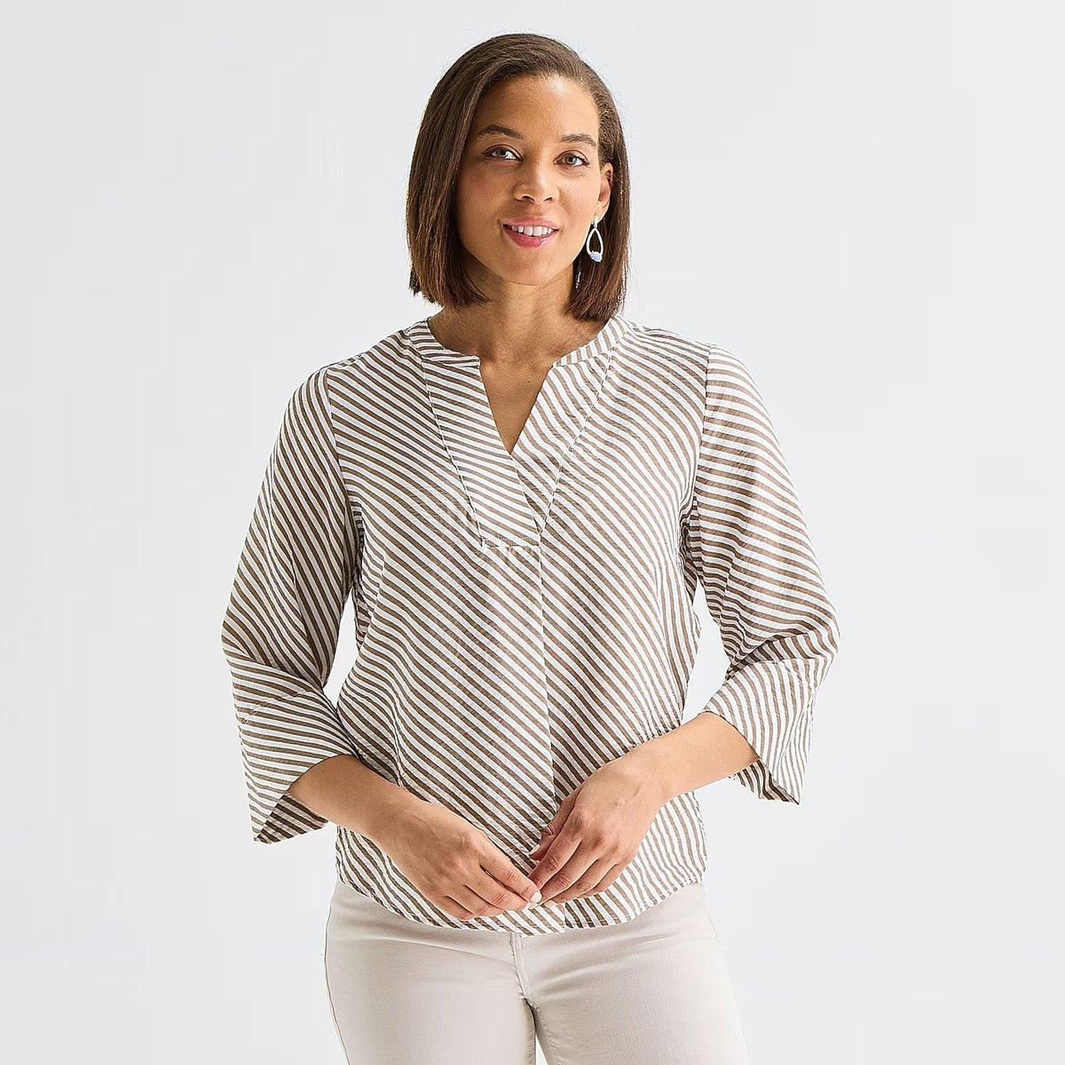 MSRP $48 Liz Claiborne Womens XXL Coffee Bias Split 3/4 Sleeve Tunic Top Crew N