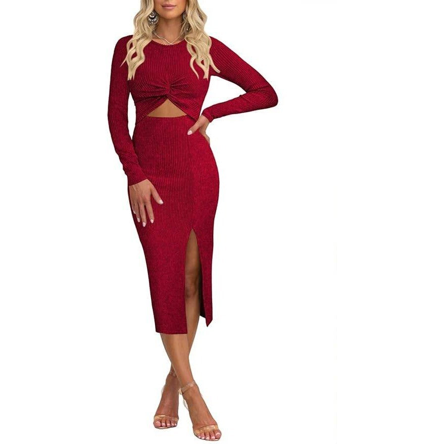 MSRP $53 Pink Queen Women's S Knit Bodycon Dress Long Sleeve Cutout Twist Ruch