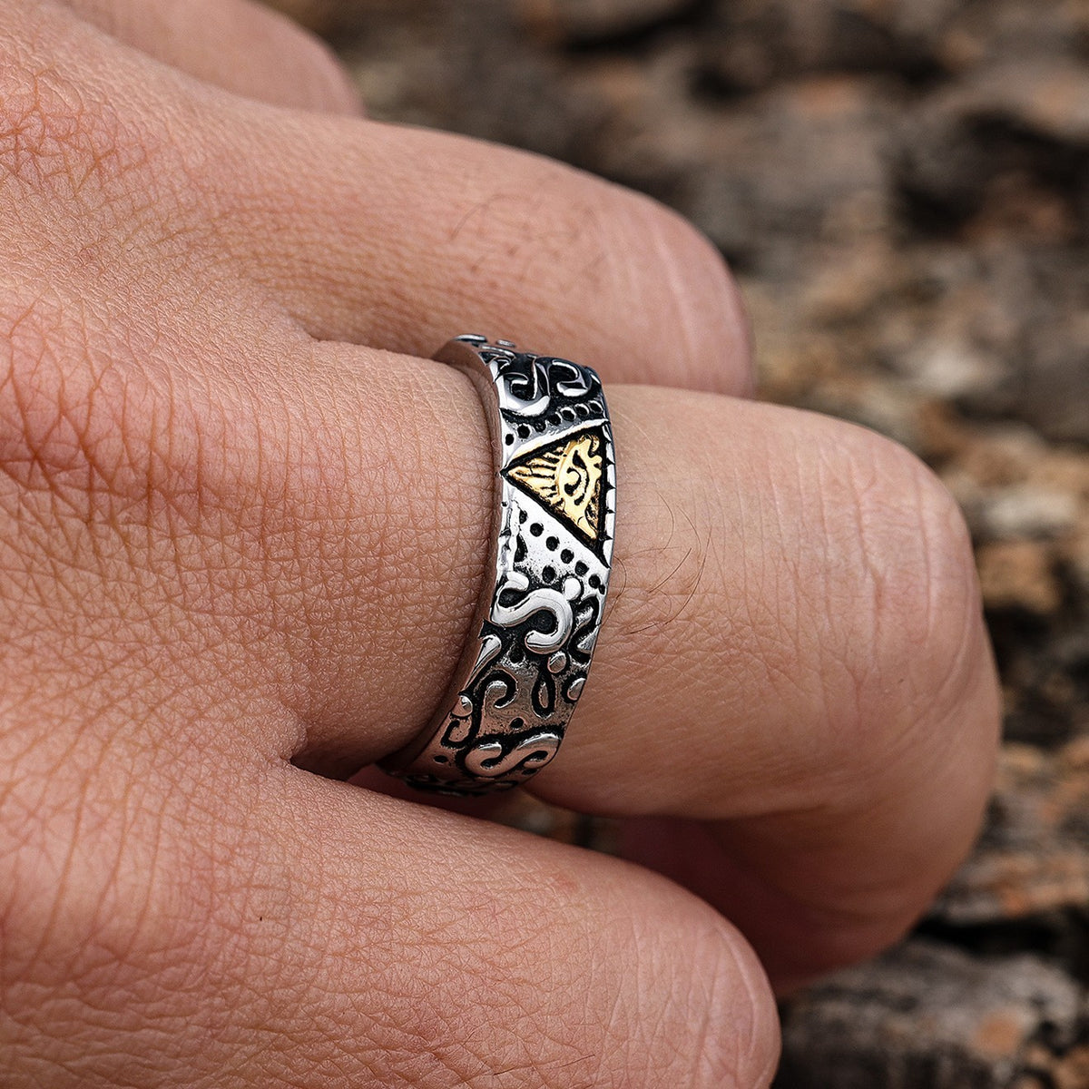 Mens Stainless Steel All Seeing Eye Freemason Masonic Band Ring Silver Size 8-13