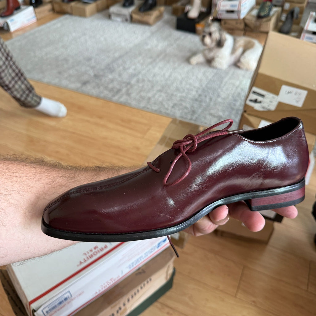 Santimon Men's US 8-9 Burgundy Wholecut Oxfords Almond Toe Lace Up Dress Shoes