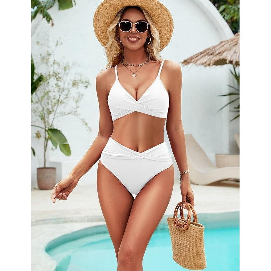 MSRP $39 Zojuyozio Women's L Two Piece Swimsuit Twist Front Bikini Set Whit