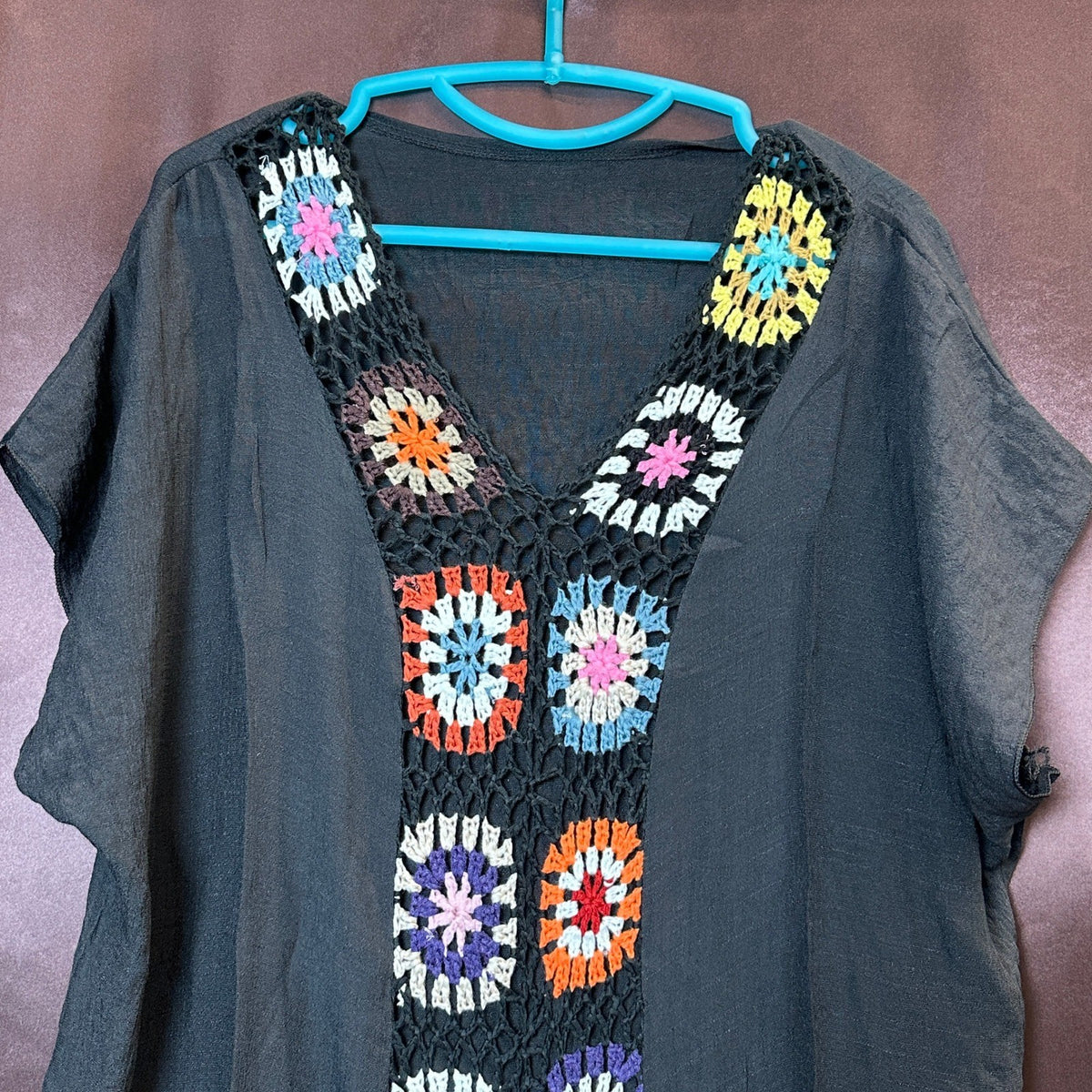 Women's Black One Size Swim Summer Cover-Up Dress w/ Floral Crochet