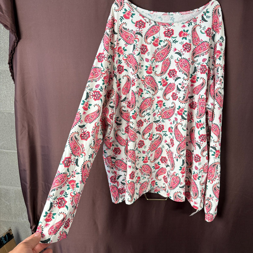 Lands' End Women's M-1X LONG Long Sleeve Rash Guard Swim Tee White Multi Paisley