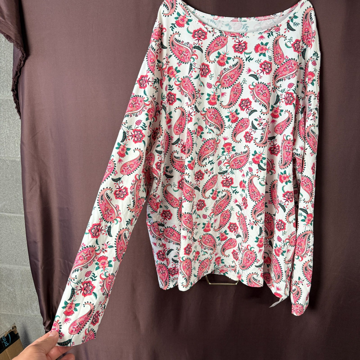 Lands' End Women's M-1X LONG Long Sleeve Rash Guard Swim Tee White Multi Paisley